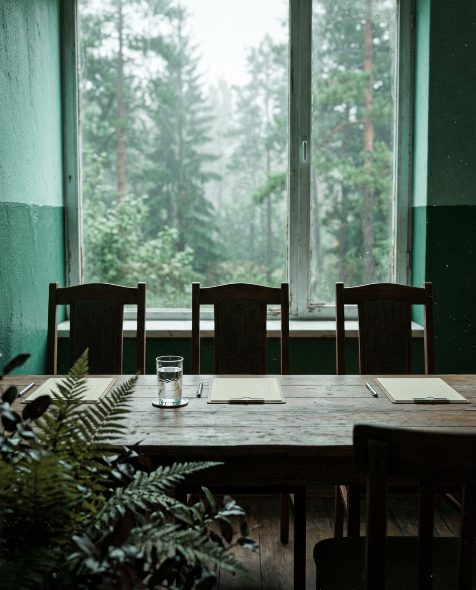 Illustration d’une table de jury vide, trois chaises et trois feuilles de notes devant une fenêtre sur une forêt